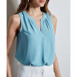 T Tahari Womens Classic Split Neck Sleeveless Woven Top Blue Haze Size XS NWT